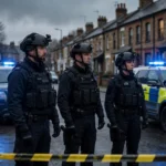 British counter-terrorism police officers at a cordon on a Manchester street with flashing blue lights