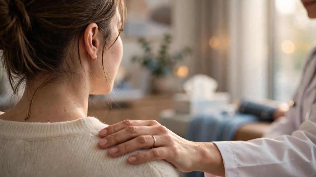 Young woman consulting a doctor in a calm oncology clinic room, doctor's hand resting on her shoulder