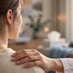 Young woman consulting a doctor in a calm oncology clinic room, doctor's hand resting on her shoulder