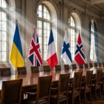 European summit hall with the flags of Ukraine, the United Kingdom, France, Finland and Norway behind a long diplomatic table