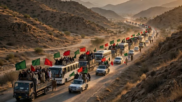 A convoy of trucks and buses carrying supporters with red and green flags on a highway in Khyber Pakhtunkhwa at dusk during the PTI long march toward Islamabad