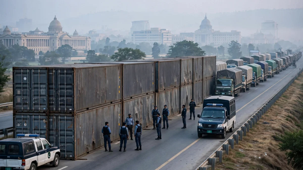 Steel shipping containers stacked as a barricade across a highway into Islamabad, with police personnel and patrol vans beside them and cargo trucks queued on the roadside.
