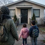 Refugee mother with two children standing at the entrance of a community health clinic in a US town at dawn
