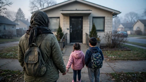 Refugee mother with two children standing at the entrance of a community health clinic in a US town at dawn
