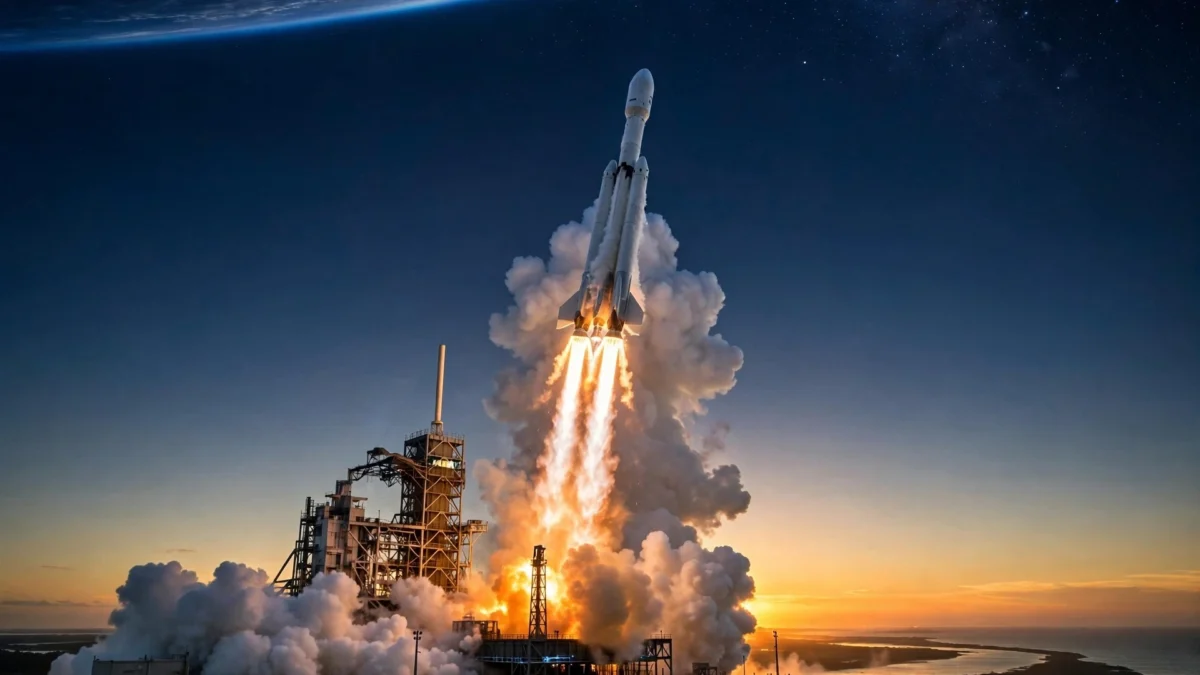 A rocket lifting off at dusk with a bright flame plume over a launch pad, Earth's curve and starfield above