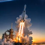 A rocket lifting off at dusk with a bright flame plume over a launch pad, Earth's curve and starfield above
