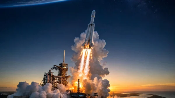 A rocket lifting off at dusk with a bright flame plume over a launch pad, Earth's curve and starfield above